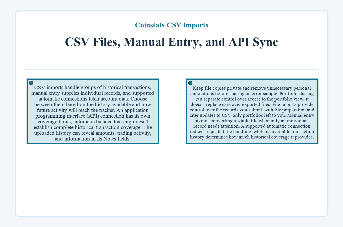Graphic: Coinstats CSV imports - CSV Files, Manual Entry, and API Sync